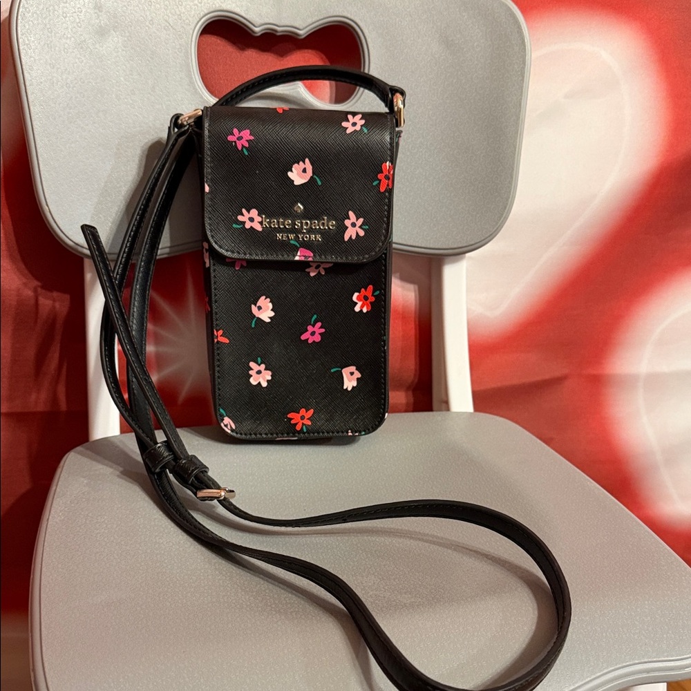 kate spade Black Floral Phone Crossbody with Pink and Red Blooms